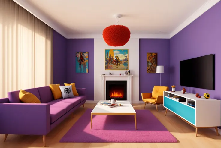 Through the lens of Pixar 3D animation, the contemporary living room conceived by celebrated architects springs to life. The room's design is infused with playful whimsy, as furniture morphs into imaginative shapes, echoing the style of Tim Burton. The scene is a balance of quirky elements and futuristic aesthetics, with vivid colors and exaggerated proportions. The characters' expressions range from surprise to curiosity, capturing the sense of wonder in the room. Lighting is dynamic, with shifting hues creating an otherworldly feel, while a touch of surrealism adds to the overall charm