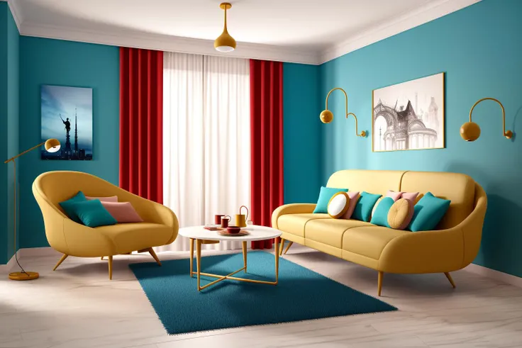 Through the lens of Pixar 3D animation, the contemporary living room conceived by celebrated architects springs to life. The room's design is infused with playful whimsy, as furniture morphs into imaginative shapes, echoing the style of Tim Burton. The scene is a balance of quirky elements and futuristic aesthetics, with vivid colors and exaggerated proportions. The characters' expressions range from surprise to curiosity, capturing the sense of wonder in the room. Lighting is dynamic, with shifting hues creating an otherworldly feel, while a touch of surrealism adds to the overall charm
