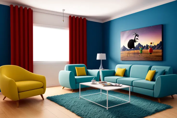 Through the lens of Pixar 3D animation, the contemporary living room conceived by celebrated architects springs to life. The room's design is infused with playful whimsy, as furniture morphs into imaginative shapes, echoing the style of Tim Burton. The scene is a balance of quirky elements and futuristic aesthetics, with vivid colors and exaggerated proportions. The characters' expressions range from surprise to curiosity, capturing the sense of wonder in the room. Lighting is dynamic, with shifting hues creating an otherworldly feel, while a touch of surrealism adds to the overall charm