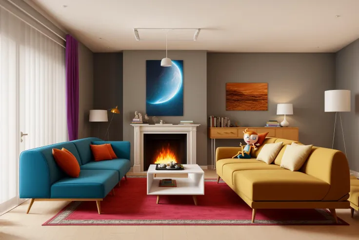 Through the lens of Pixar 3D animation, the contemporary living room conceived by celebrated architects springs to life. The room's design is infused with playful whimsy, as furniture morphs into imaginative shapes, echoing the style of Tim Burton. The scene is a balance of quirky elements and futuristic aesthetics, with vivid colors and exaggerated proportions. The characters' expressions range from surprise to curiosity, capturing the sense of wonder in the room. Lighting is dynamic, with shifting hues creating an otherworldly feel, while a touch of surrealism adds to the overall charm