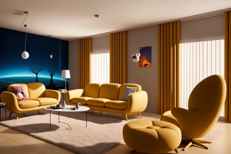 Through the lens of Pixar 3D animation, the contemporary living room conceived by celebrated architects springs to life. The room's design is infused with playful whimsy, as furniture morphs into imaginative shapes, echoing the style of Tim Burton. The scene is a balance of quirky elements and futuristic aesthetics, with vivid colors and exaggerated proportions. The characters' expressions range from surprise to curiosity, capturing the sense of wonder in the room. Lighting is dynamic, with shifting hues creating an otherworldly feel, while a touch of surrealism adds to the overall charm