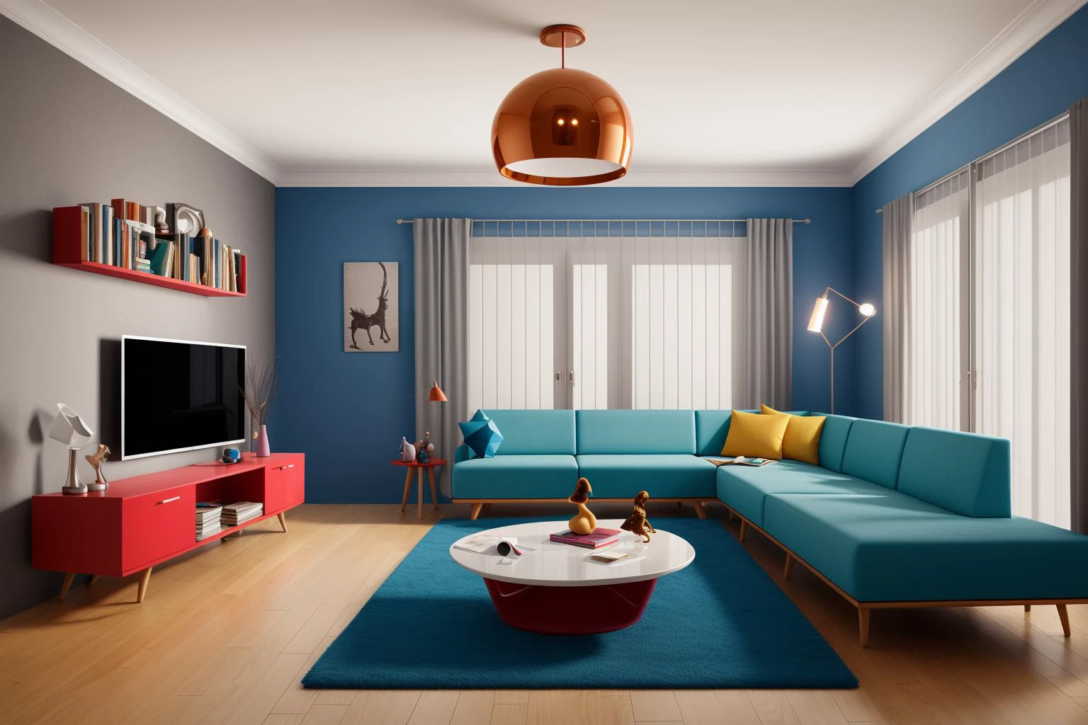 Through the lens of Pixar 3D animation, the contemporary living room conceived by celebrated architects springs to life. The room's design is infused with playful whimsy, as furniture morphs into imaginative shapes, echoing the style of Tim Burton. The scene is a balance of quirky elements and futuristic aesthetics, with vivid colors and exaggerated proportions. The characters' expressions range from surprise to curiosity, capturing the sense of wonder in the room. Lighting is dynamic, with shifting hues creating an otherworldly feel, while a touch of surrealism adds to the overall charm