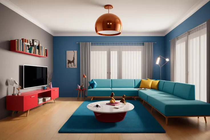Through the lens of Pixar 3D animation, the contemporary living room conceived by celebrated architects springs to life. The room's design is infused with playful whimsy, as furniture morphs into imaginative shapes, echoing the style of Tim Burton. The scene is a balance of quirky elements and futuristic aesthetics, with vivid colors and exaggerated proportions. The characters' expressions range from surprise to curiosity, capturing the sense of wonder in the room. Lighting is dynamic, with shifting hues creating an otherworldly feel, while a touch of surrealism adds to the overall charm