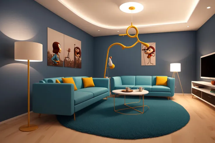 Through the lens of Pixar 3D animation, the contemporary living room conceived by celebrated architects springs to life. The room's design is infused with playful whimsy, as furniture morphs into imaginative shapes, echoing the style of Tim Burton. The scene is a balance of quirky elements and futuristic aesthetics, with vivid colors and exaggerated proportions. The characters' expressions range from surprise to curiosity, capturing the sense of wonder in the room. Lighting is dynamic, with shifting hues creating an otherworldly feel, while a touch of surrealism adds to the overall charm