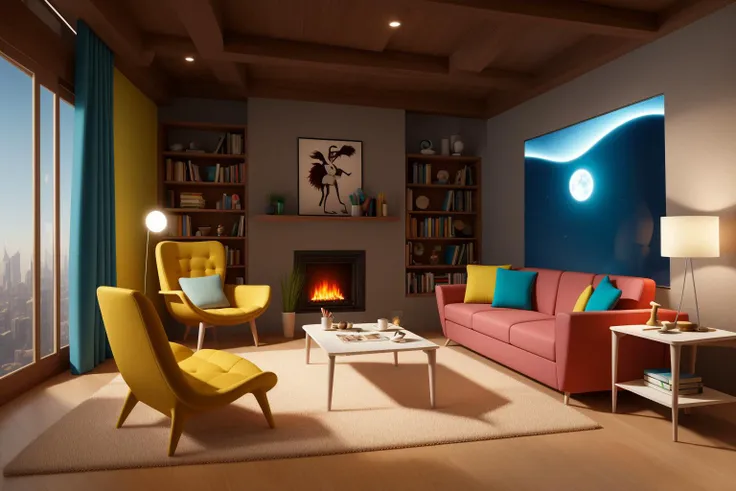 Through the lens of Pixar 3D animation, the contemporary living room conceived by celebrated architects springs to life. The room's design is infused with playful whimsy, as furniture morphs into imaginative shapes, echoing the style of Tim Burton. The scene is a balance of quirky elements and futuristic aesthetics, with vivid colors and exaggerated proportions. The characters' expressions range from surprise to curiosity, capturing the sense of wonder in the room. Lighting is dynamic, with shifting hues creating an otherworldly feel, while a touch of surrealism adds to the overall charm