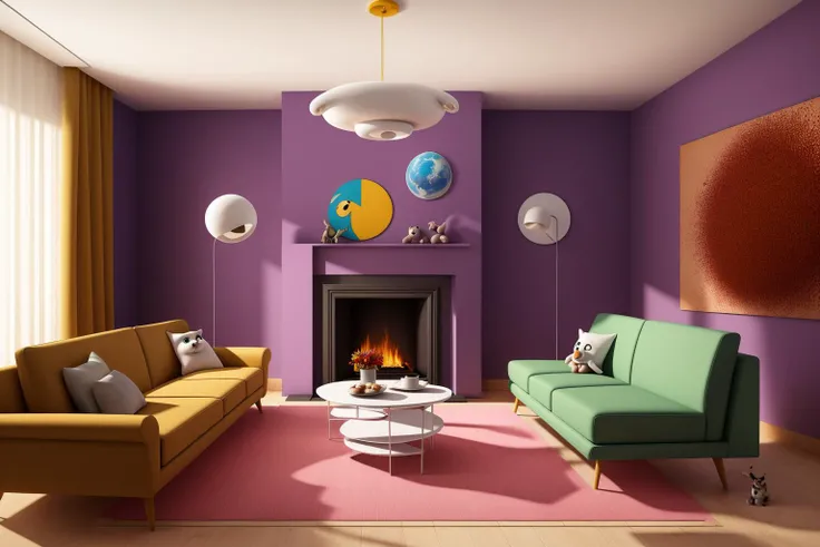 Through the lens of Pixar 3D animation, the contemporary living room conceived by celebrated architects springs to life. The room's design is infused with playful whimsy, as furniture morphs into imaginative shapes, echoing the style of Tim Burton. The scene is a balance of quirky elements and futuristic aesthetics, with vivid colors and exaggerated proportions. The characters' expressions range from surprise to curiosity, capturing the sense of wonder in the room. Lighting is dynamic, with shifting hues creating an otherworldly feel, while a touch of surrealism adds to the overall charm