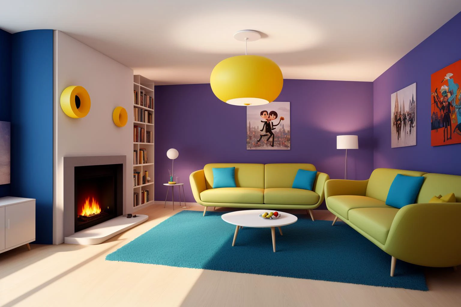 Through the lens of Pixar 3D animation, the contemporary living room conceived by celebrated architects springs to life. The room's design is infused with playful whimsy, as furniture morphs into imaginative shapes, echoing the style of Tim Burton. The scene is a balance of quirky elements and futuristic aesthetics, with vivid colors and exaggerated proportions. The characters' expressions range from surprise to curiosity, capturing the sense of wonder in the room. Lighting is dynamic, with shifting hues creating an otherworldly feel, while a touch of surrealism adds to the overall charm