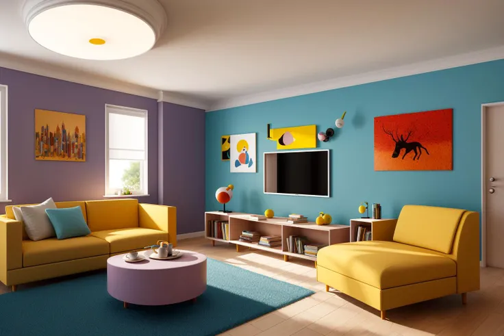 Through the lens of Pixar 3D animation, the contemporary living room conceived by celebrated architects springs to life. The room's design is infused with playful whimsy, as furniture morphs into imaginative shapes, echoing the style of Tim Burton. The scene is a balance of quirky elements and futuristic aesthetics, with vivid colors and exaggerated proportions. The characters' expressions range from surprise to curiosity, capturing the sense of wonder in the room. Lighting is dynamic, with shifting hues creating an otherworldly feel, while a touch of surrealism adds to the overall charm