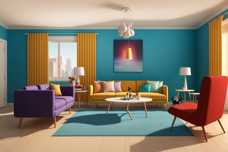 Through the lens of Pixar 3D animation, the contemporary living room conceived by celebrated architects springs to life. The room's design is infused with playful whimsy, as furniture morphs into imaginative shapes, echoing the style of Tim Burton. The scene is a balance of quirky elements and futuristic aesthetics, with vivid colors and exaggerated proportions. The characters' expressions range from surprise to curiosity, capturing the sense of wonder in the room. Lighting is dynamic, with shifting hues creating an otherworldly feel, while a touch of surrealism adds to the overall charm