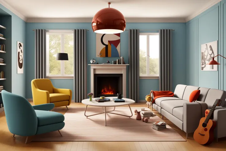 Through the lens of Pixar 3D animation, the contemporary living room conceived by celebrated architects springs to life. The room's design is infused with playful whimsy, as furniture morphs into imaginative shapes, echoing the style of Tim Burton. The scene is a balance of quirky elements and futuristic aesthetics, with vivid colors and exaggerated proportions. The characters' expressions range from surprise to curiosity, capturing the sense of wonder in the room. Lighting is dynamic, with shifting hues creating an otherworldly feel, while a touch of surrealism adds to the overall charm