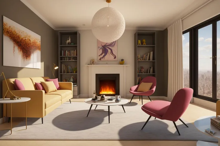 Through the lens of Pixar 3D animation, the contemporary living room conceived by celebrated architects springs to life. The room's design is infused with playful whimsy, as furniture morphs into imaginative shapes, echoing the style of Tim Burton. The scene is a balance of quirky elements and futuristic aesthetics, with vivid colors and exaggerated proportions. The characters' expressions range from surprise to curiosity, capturing the sense of wonder in the room. Lighting is dynamic, with shifting hues creating an otherworldly feel, while a touch of surrealism adds to the overall charm
