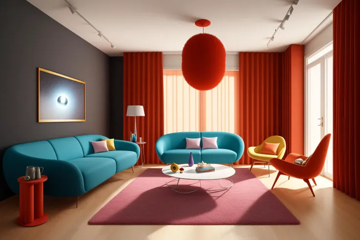 Through the lens of Pixar 3D animation, the contemporary living room conceived by celebrated architects springs to life. The room's design is infused with playful whimsy, as furniture morphs into imaginative shapes, echoing the style of Tim Burton. The scene is a balance of quirky elements and futuristic aesthetics, with vivid colors and exaggerated proportions. The characters' expressions range from surprise to curiosity, capturing the sense of wonder in the room. Lighting is dynamic, with shifting hues creating an otherworldly feel, while a touch of surrealism adds to the overall charm