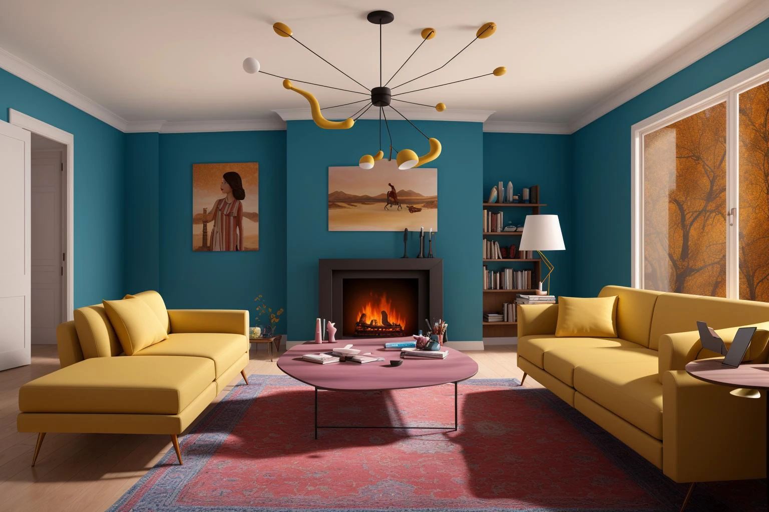 Through the lens of Pixar 3D animation, the contemporary living room conceived by celebrated architects springs to life. The room's design is infused with playful whimsy, as furniture morphs into imaginative shapes, echoing the style of Tim Burton. The scene is a balance of quirky elements and futuristic aesthetics, with vivid colors and exaggerated proportions. The characters' expressions range from surprise to curiosity, capturing the sense of wonder in the room. Lighting is dynamic, with shifting hues creating an otherworldly feel, while a touch of surrealism adds to the overall charm