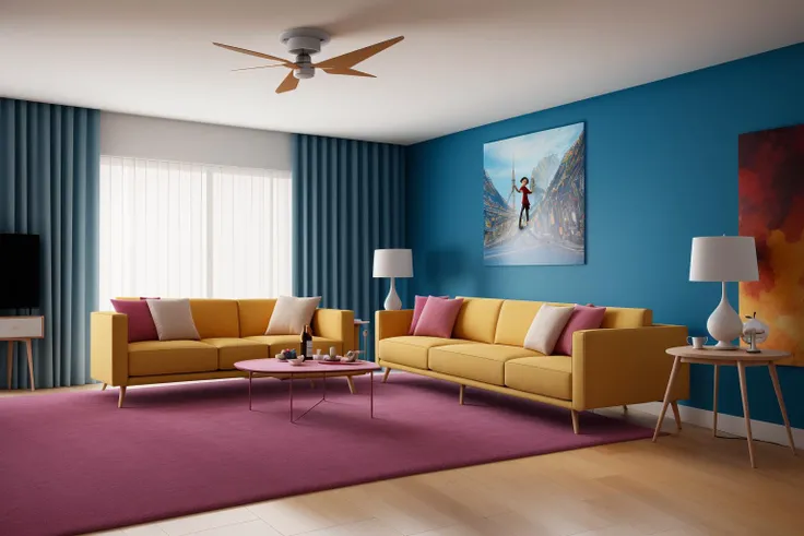 Through the lens of Pixar 3D animation, the contemporary living room conceived by celebrated architects springs to life. The room's design is infused with playful whimsy, as furniture morphs into imaginative shapes, echoing the style of Tim Burton. The scene is a balance of quirky elements and futuristic aesthetics, with vivid colors and exaggerated proportions. The characters' expressions range from surprise to curiosity, capturing the sense of wonder in the room. Lighting is dynamic, with shifting hues creating an otherworldly feel, while a touch of surrealism adds to the overall charm