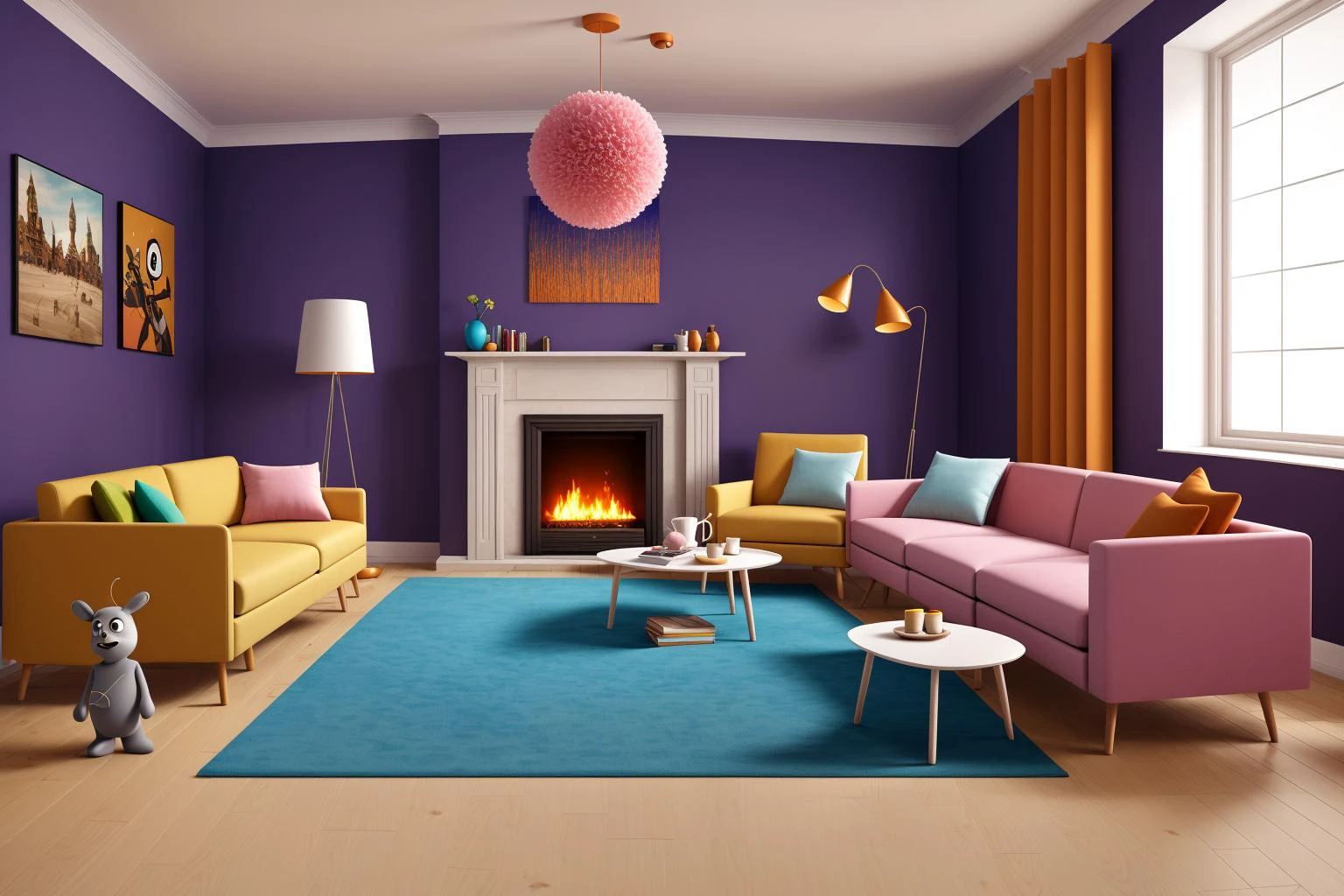 Through the lens of Pixar 3D animation, the contemporary living room conceived by celebrated architects springs to life. The room's design is infused with playful whimsy, as furniture morphs into imaginative shapes, echoing the style of Tim Burton. The scene is a balance of quirky elements and futuristic aesthetics, with vivid colors and exaggerated proportions. The characters' expressions range from surprise to curiosity, capturing the sense of wonder in the room. Lighting is dynamic, with shifting hues creating an otherworldly feel, while a touch of surrealism adds to the overall charm