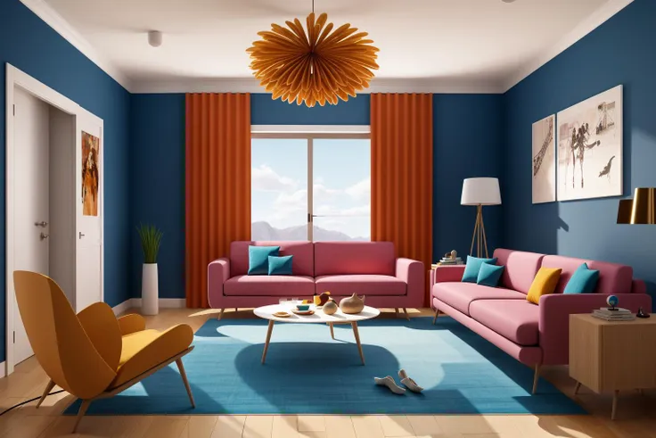 Through the lens of Pixar 3D animation, the contemporary living room conceived by celebrated architects springs to life. The room's design is infused with playful whimsy, as furniture morphs into imaginative shapes, echoing the style of Tim Burton. The scene is a balance of quirky elements and futuristic aesthetics, with vivid colors and exaggerated proportions. The characters' expressions range from surprise to curiosity, capturing the sense of wonder in the room. Lighting is dynamic, with shifting hues creating an otherworldly feel, while a touch of surrealism adds to the overall charm