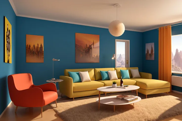 Through the lens of Pixar 3D animation, the contemporary living room conceived by celebrated architects springs to life. The room's design is infused with playful whimsy, as furniture morphs into imaginative shapes, echoing the style of Tim Burton. The scene is a balance of quirky elements and futuristic aesthetics, with vivid colors and exaggerated proportions. The characters' expressions range from surprise to curiosity, capturing the sense of wonder in the room. Lighting is dynamic, with shifting hues creating an otherworldly feel, while a touch of surrealism adds to the overall charm