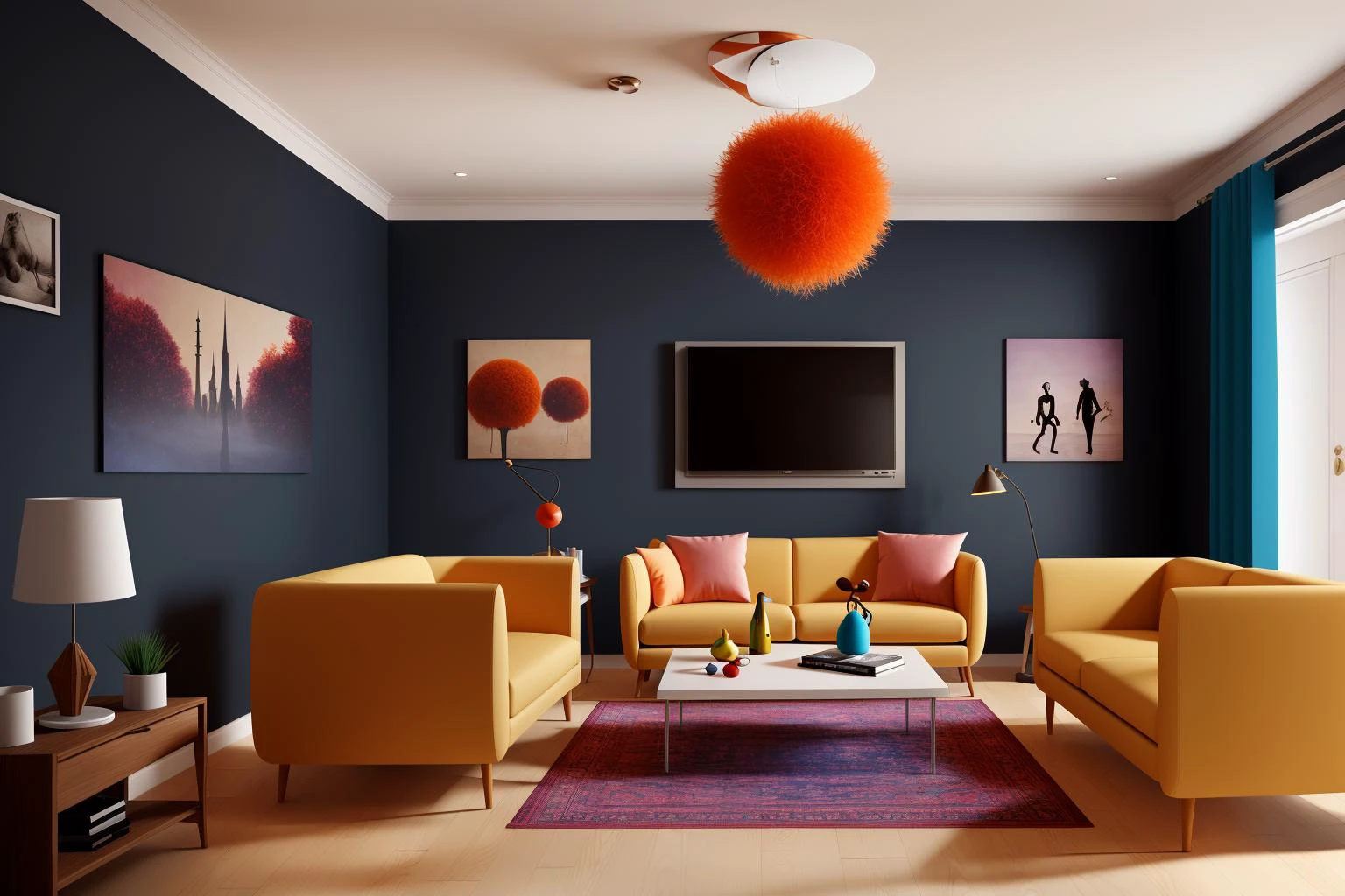 Through the lens of Pixar 3D animation, the contemporary living room conceived by celebrated architects springs to life. The room's design is infused with playful whimsy, as furniture morphs into imaginative shapes, echoing the style of Tim Burton. The scene is a balance of quirky elements and futuristic aesthetics, with vivid colors and exaggerated proportions. The characters' expressions range from surprise to curiosity, capturing the sense of wonder in the room. Lighting is dynamic, with shifting hues creating an otherworldly feel, while a touch of surrealism adds to the overall charm