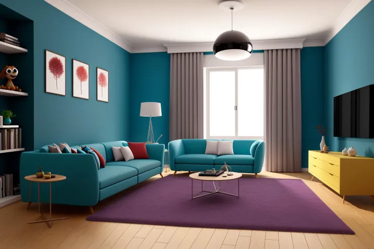 Through the lens of Pixar 3D animation, the contemporary living room conceived by celebrated architects springs to life. The room's design is infused with playful whimsy, as furniture morphs into imaginative shapes, echoing the style of Tim Burton. The scene is a balance of quirky elements and futuristic aesthetics, with vivid colors and exaggerated proportions. The characters' expressions range from surprise to curiosity, capturing the sense of wonder in the room. Lighting is dynamic, with shifting hues creating an otherworldly feel, while a touch of surrealism adds to the overall charm