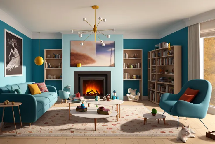 Through the lens of Pixar 3D animation, the contemporary living room conceived by celebrated architects springs to life. The room's design is infused with playful whimsy, as furniture morphs into imaginative shapes, echoing the style of Tim Burton. The scene is a balance of quirky elements and futuristic aesthetics, with vivid colors and exaggerated proportions. The characters' expressions range from surprise to curiosity, capturing the sense of wonder in the room. Lighting is dynamic, with shifting hues creating an otherworldly feel, while a touch of surrealism adds to the overall charm