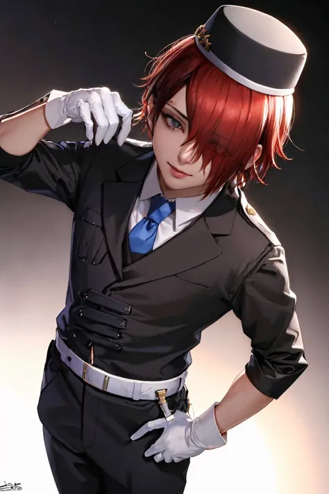 (masterpiece, best quality:1.2), solo, male focus, 1boy, yomi hellsmile, smug, looking at viewer, hair over one eye, hat, shirt, necktie, black pants, white gloves <lora:masterdetective_hellsmile:0.9>