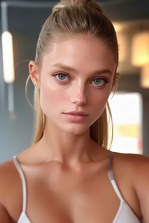 (CR-Kat3Bock-summer4love263:0.9), photo of woman, (grey background:1.0), (undercut hair:1.1), (oiled shiny skin:1.0), (tilted angle shot:1.2), (tilted head pose:1.2),
