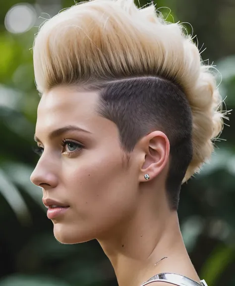 (katebock:0.9), face closeup photo of woman in gradient woods, side profile, blonde hair, ((hi-top fade:1.3)), (oiled shiny skin:1.0),8k UHD highres, high quality,