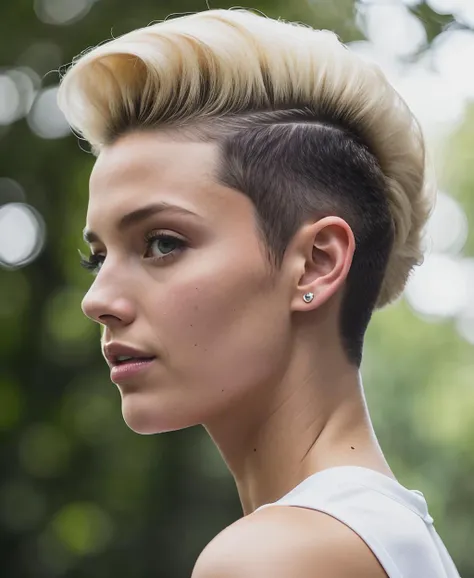 (katebock:0.9), face closeup photo of woman in gradient woods, side profile, blonde hair, ((hi-top fade:1.3)), (oiled shiny skin:1.0),8k UHD highres, high quality,