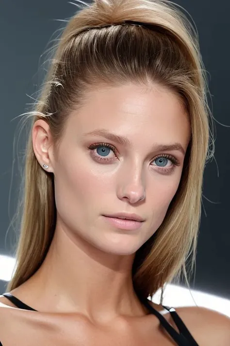 (CR-Kat3Bock-summer4love263:0.9), photo of woman, (grey background:1.0), (slick undercut hair:1.0), (oiled shiny skin:1.0), (tilted angle shot:1.0),