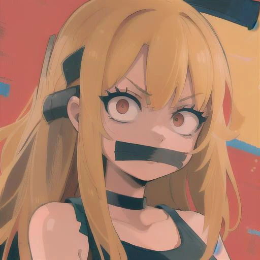 masterpiece, best quality, ultra-detailed, illustration, 1girl, blonde hair, long hair, two side up, red eyes, constricted pupils, (black tank top:1.2), red collar, tape gag, surprised, looking at viewer, face focus, portrait <lora:constricted_pupils_v0.2a:0.8> <lora:brj-tape-gag-v2:1>