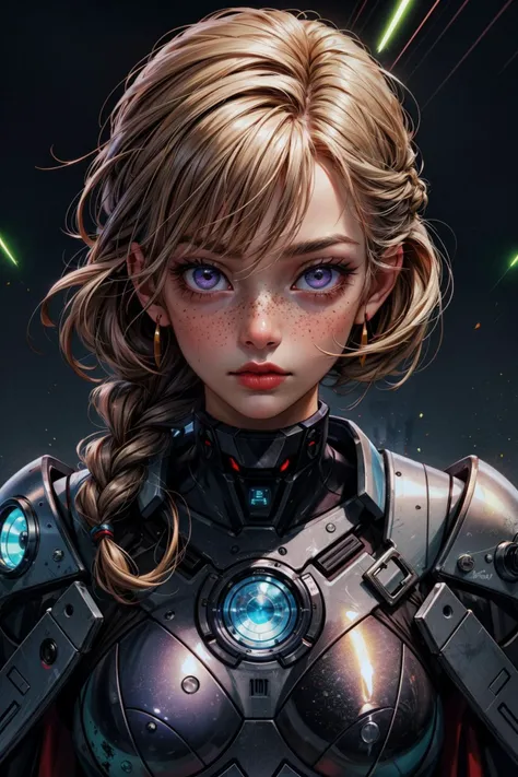 <lora:add_detail:0.8>, <lora:colorize:0.4> <lora:make25d_type1_v100:0.5>,
<lora:GoodHands-beta2:0.8>,
1 girl, adult icelandic woman, freckles, purple eyes, auburn dutch braid,
Style-GravityMagic, portrait, (bloody scars:0.7), looking at viewer, solo, upper body, detailed background, close up, detailed face, futuristic glowing digital iron armor, light mobile armor, cape, high-tech, microchips, advanced technology, cybernetics, head-up display, dynamic pose, epic futuristic city in background, green lights, lens flare, lasers, sparks, explosions, hologram, cinematic atmosphere,