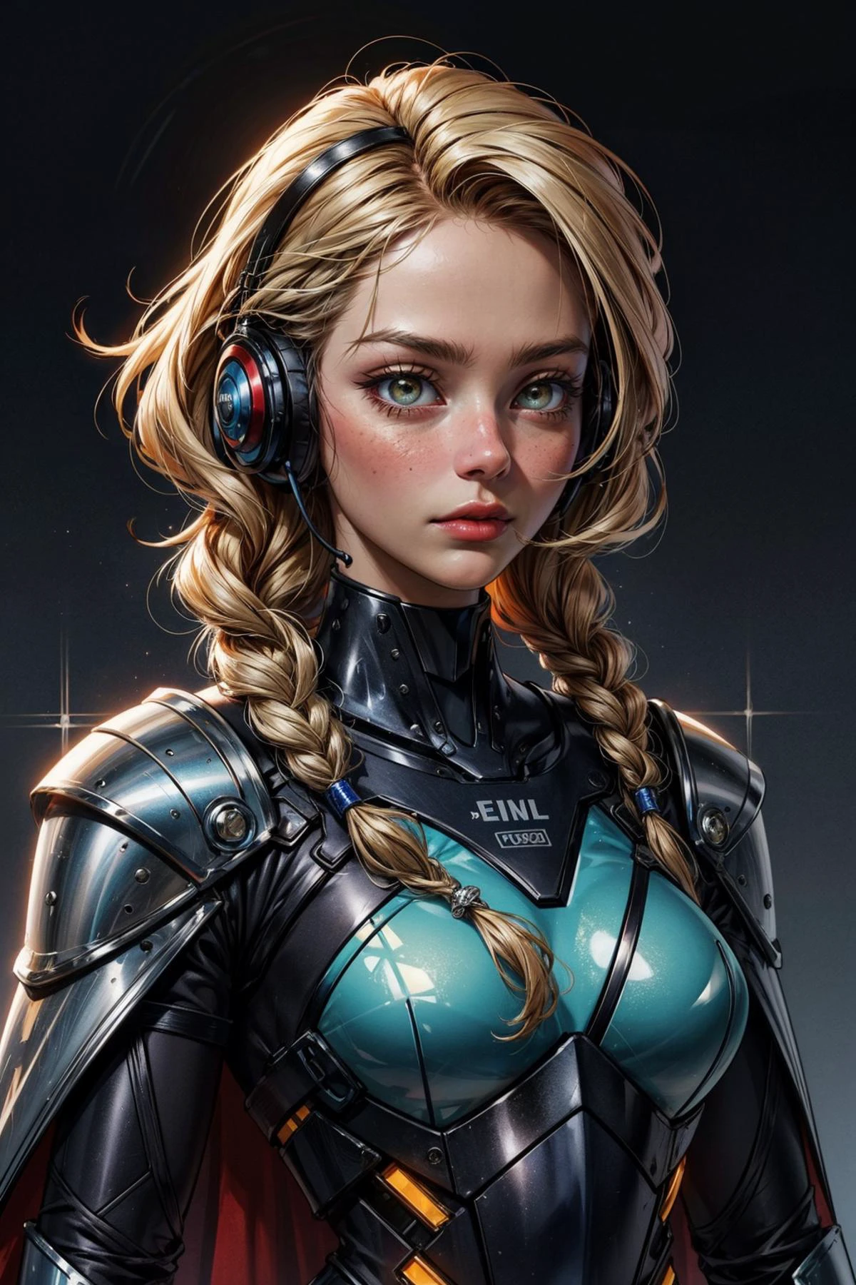 <lora:add_detail:0.8>, <lora:colorize:0.4> <lora:make25d_type1_v100:0.5>,
<lora:GoodHands-beta2:0.8>,
1 girl, adult woman, amber eyes, medium blonde braided hairstyle,
cyborg portrait, looking away, solo, upper body, detailed background, close up, detailed face, futuristic steel armor, circular pattern, cape, high-tech, rivets, gadgets, advanced technology, bionics, cybernetic enhancements, antenna, headset, dynamic pose, epic futuristic city in background, white lights, flashes of light, electricity, explosions, screens, cinematic atmosphere,