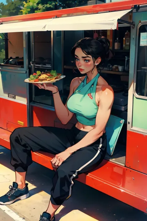 taco truck sitting bench bushes halter_top sweatpants cap