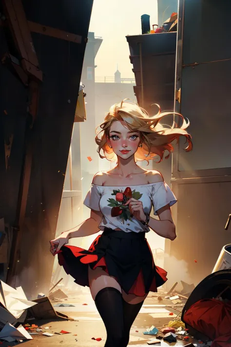 long strawberry_blonde hair smile
thighhighs red_skirt black_pumps floral_white_offshoulder_tshirt
trash dump dust atmosphere dark running
crepuscular rays