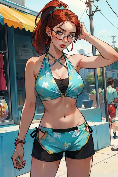 redhead ponytail glasses
socks dolphin_shorts blue_halter
grumpy (bikini_shop:1.4)
holding shirt from rack
