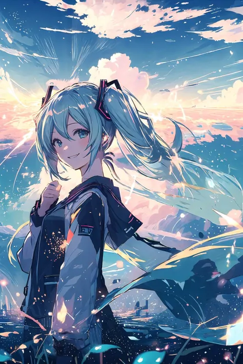 (masterpiece), (best quality),(hatsune_miku),(1girl:1),smile,<lora:Kuai:.8>,(light particle),dutch angle, dynamic pose, from below, blue sky,cloud ,landscape,