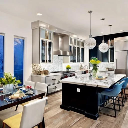 Design a modern kitchen with a focus on decor and lighting. The space should exude an inviting atmosphere, incorporating marble decor and textured lighting. The energetic color scheme and unique marble decor should complement each other, creating a warm environment."