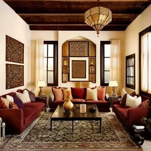 "Design a rustic living room with a focus on furniture and Arabic Islamic carpets. The space should exude a harmonious atmosphere, incorporating metallic furniture and Arabic Islamic carpets. The warm color scheme and cohesive metallic elements should complement each other, creating a relaxing environment.