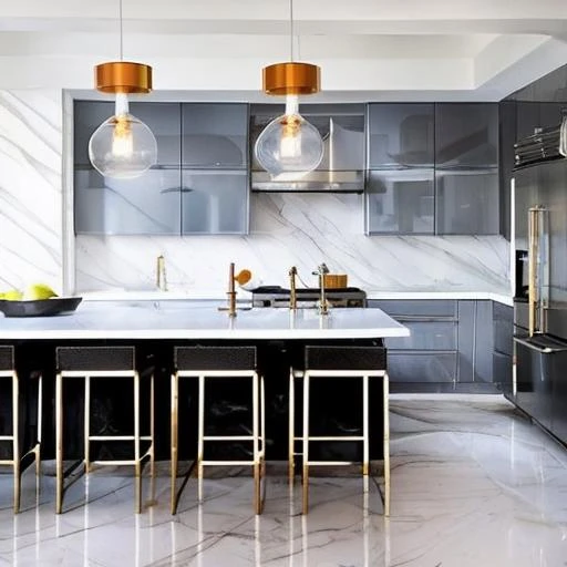 Design a modern kitchen with a focus on decor and lighting. The space should exude an inviting atmosphere, incorporating marble decor and textured lighting. The energetic color scheme and unique marble decor should complement each other, creating a warm environment."