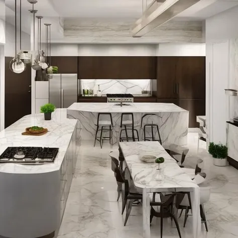 Design a modern kitchen with a focus on decor and lighting. The space should exude an inviting atmosphere, incorporating marble decor and textured lighting. The energetic color scheme and unique marble decor should complement each other, creating a warm environment."