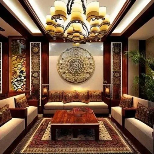 "Design a rustic living room with a focus on furniture and Arabic Islamic carpets. The space should exude a harmonious atmosphere, incorporating metallic furniture and Arabic Islamic carpets. The warm color scheme and cohesive metallic elements should complement each other, creating a relaxing environment.