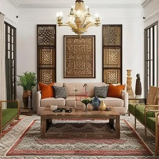 "Design a rustic living room with a focus on furniture and Arabic Islamic carpets. The space should exude a harmonious atmosphere, incorporating metallic furniture and Arabic Islamic carpets. The warm color scheme and cohesive metallic elements should complement each other, creating a relaxing environment.