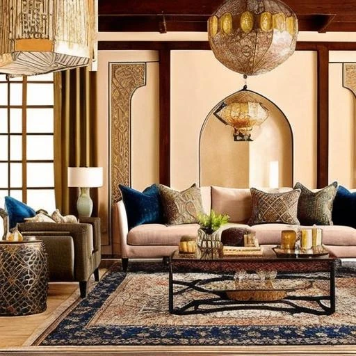 "Design a rustic living room with a focus on furniture and Arabic Islamic carpets. The space should exude a harmonious atmosphere, incorporating metallic furniture and Arabic Islamic carpets. The warm color scheme and cohesive metallic elements should complement each other, creating a relaxing environment.