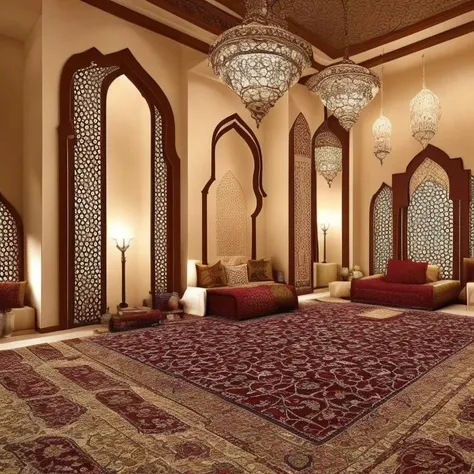"Craft an elegant Arabic Islamic guest room with a focus on traditional carpets and lighting. The space should radiate a serene atmosphere, adorned with intricate Islamic patterns and designs. Incorporate rich, deep colors and metallic accents to create a harmonious environment that exudes cultural charm