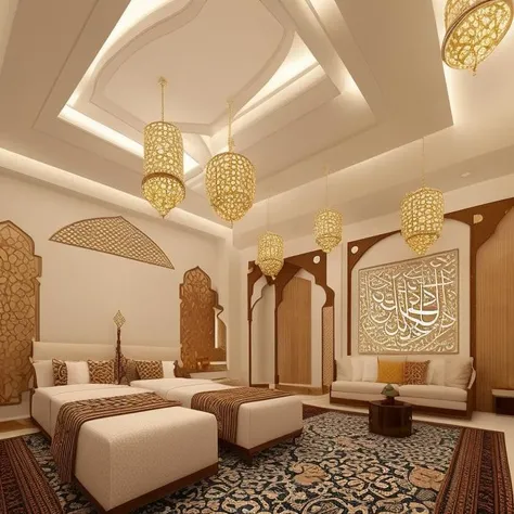 Design a modern Arabic Islamic guest room with a fusion of contemporary and traditional elements. Emphasize the beauty of Islamic calligraphy and geometric motifs in your decor choices. Employ soft, warm lighting and a color palette inspired by desert hues to create an inviting and tranquil space that pays homage to the rich heritage