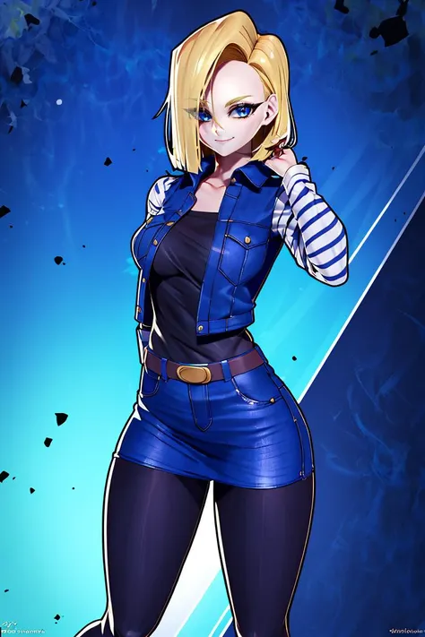 ((masterpiece,best quality)), absurdres, <lora:Android_18_DB:0.7>, Android_18_DB, denim skirt, pantyhose, solo, smiling, looking at viewer, cowboy shot, cinematic composition, contrapposto