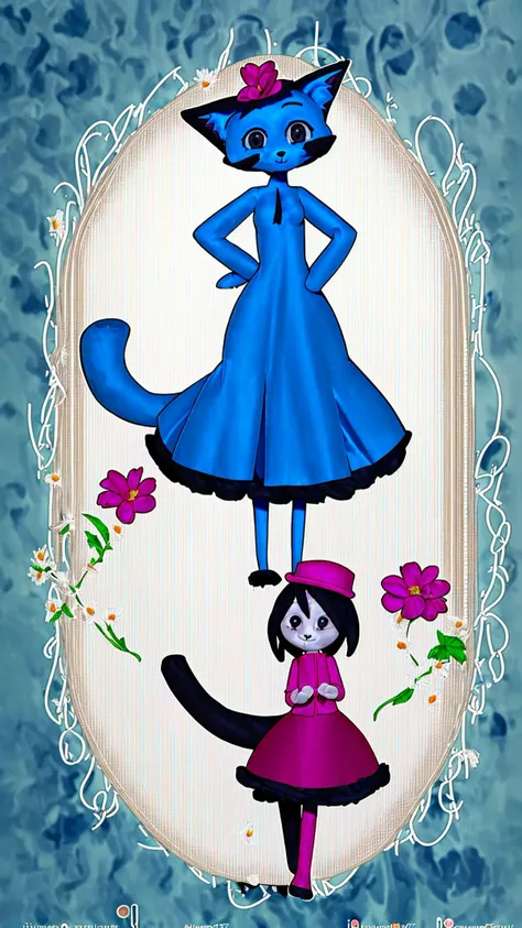 (2girl, two woman looking at viewer, smile, skirt, shirt, hat, pink dress, bow, flower,), BREAK,
(2furry, furry woman, blue furr, blue dress, bushy tail, furr covered body,), BREAK,
on a Flower field,