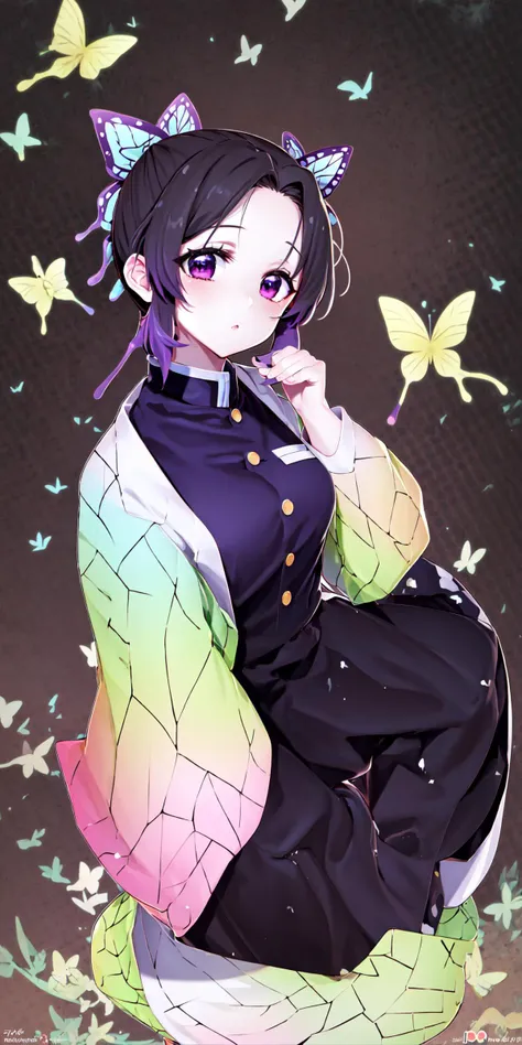 ((masterpiece,best quality)), absurdres, shinobu, shinobu uniform, multicolored hair, no bangs,, purple eyes,black shirt, black pants, haori, butterfly, solo, looking at viewer, cinematic composition <lora:ShinobuLora:1>