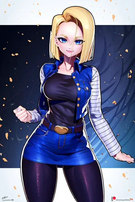 ((masterpiece,best quality)), absurdres, <lora:Android_18_DB:0.7>, Android_18_DB, denim skirt, pantyhose, solo, smiling, looking at viewer, cowboy shot, cinematic composition, contrapposto