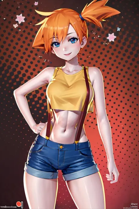 ((masterpiece,best quality)), absurdres,
<lora:Misty_Pokemon_v2_Anime:0.8>, Misty_Pokemon, yellow crop top, suspenders, side ponytail, orange hair, denim shorts,
solo, smiling, blushing, looking at viewer, cowboy shot, peace sign,
cinematic composition, contrapposto,